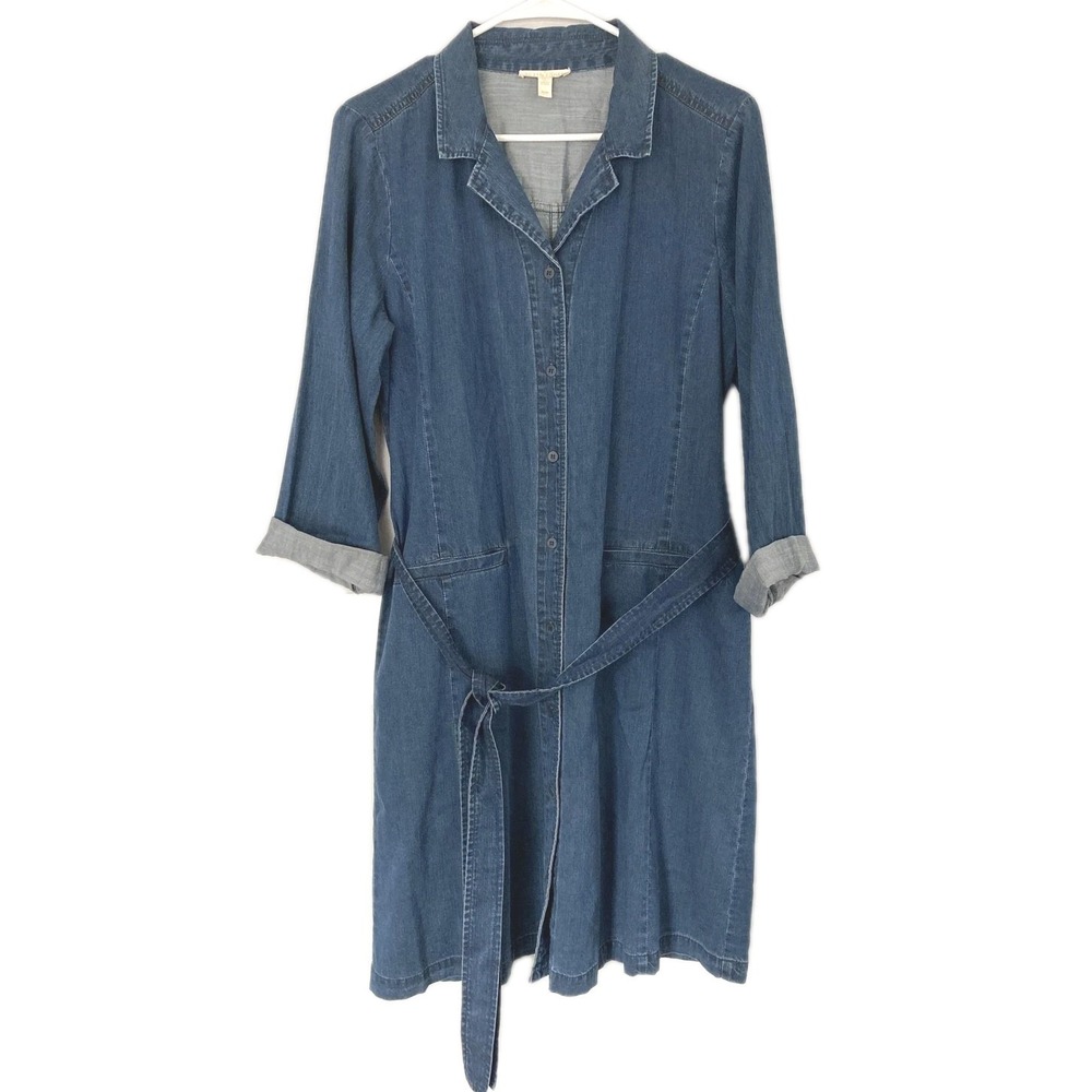 Eileen Fisher Shirt Dress Women M Denim Chambray Tencel Denim Belted 3/4 Sleeve